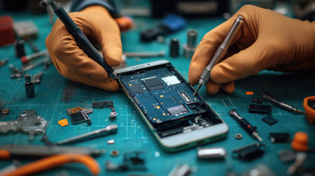 A technician's hands working on a smartphone battery replacement, with tools and parts scattered around, capturing the repair processの素材