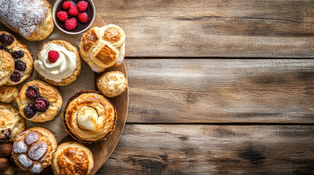 A variety of baked goods, such as scones and cream puffs, on a wooden table, with ample space on the side for text, perfect for food blogs or adsの素材