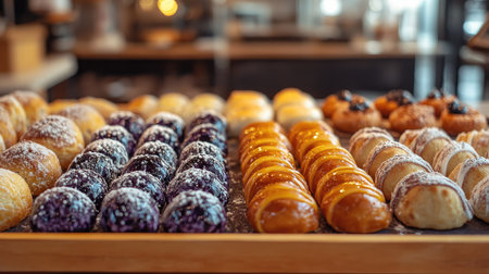 A selection of cromboloni in different flavors like blueberry, almond, and honey, arranged neatly on a baking tray with a blurred cafe backgroundの素材