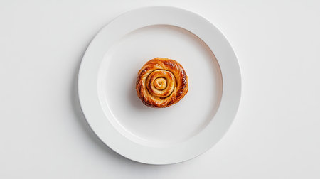 A white plate with a single palmier placed in the center, isolated on a white background, creating a high-contrast, minimalist composition perfect for food photographyの素材