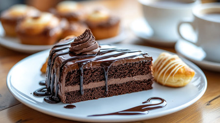 A white plate with a slice of chocolate cake drizzled with chocolate sauce, surrounded by freshly baked pastries and a cup of cappuccino, ideal for a sweet morning treatの素材