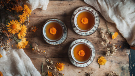 A warm, rustic autumn setup featuring herbal tea cups with calendula and dried flowers, arranged on a vintage wooden background, perfect for showcasing the benefits of medicinal teasの素材