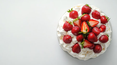 Aerial view of a delicious homemade Pavlova cake garnished with fresh strawberries and mascarpone, set against a bright white backdropの素材