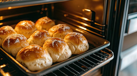 An oven door slightly open, revealing a tray of homemade buns rising inside, with the warm kitchen atmosphere perfect for both festive and daily mealsの素材