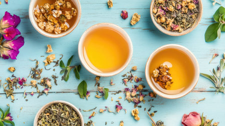 An overhead shot of tea cups filled with Mary's Gold herbal tea, with dried flowers scattered on a vintage wooden background, perfect for promoting the health benefits of natural remediesの素材