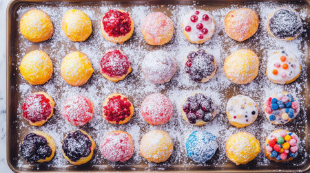 An overhead view of a baking tray with different cromboloni varieties, such as blueberry, raspberry, and lemon, sprinkled with powdered sugar and colorful crumbsの素材