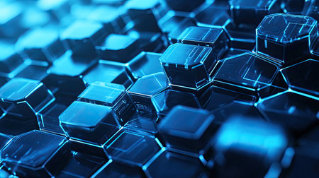 Abstract technology design featuring layered hexagonal shapes, vibrant blue tones, and futuristic digital lines, perfect for a high-tech themeの素材