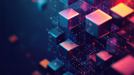 Abstract futuristic tech design with isometric 3D cubes, representing innovation in a modern business context.の素材