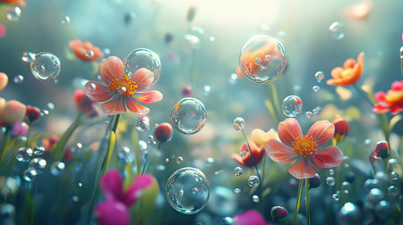 Abstract spring scene featuring colorful flowers and water bubbles suspended in mid-air, all rendered in a dreamy 3D landscape.の素材