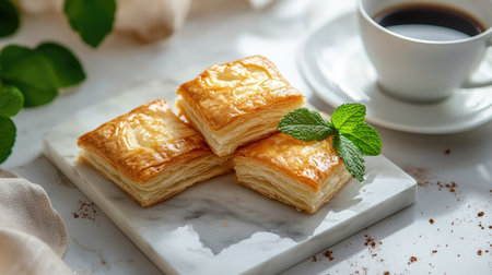 An elegant arrangement of sweet puff pastry and a cup of freshly brewed coffee, set on a marble countertop with a delicate sprig of mint for garnish, and soft, warm lightingの素材