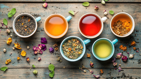An overhead shot of tea cups filled with Mary's Gold herbal tea, with dried flowers scattered on a vintage wooden background, perfect for promoting the health benefits of natural remediesの素材