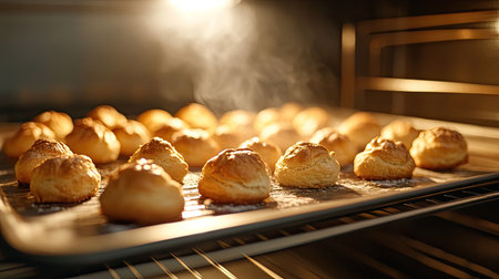 An oven door slightly ajar, revealing a tray of profiteroles rising to a golden perfection, capturing the essence of homemade baking at its finestの素材