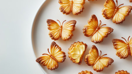 An overhead shot of multiple butterfly cakes arranged on a white plate, with each pastryaes golden-brown texture popping against the white backdropの素材