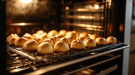 An oven door slightly ajar, revealing a tray of profiteroles rising to a golden perfection, capturing the essence of homemade baking at its finestの素材