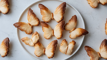 An overhead shot of multiple butterfly cakes arranged on a white plate, with each pastryaes golden-brown texture popping against the white backdropの素材