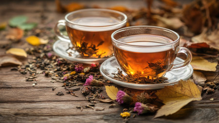 An inviting scene with two tea cups filled with Chernobrovtsi herbal tea, dried flowers, and autumn leaves, arranged on a rustic wooden table, highlighting the benefits of herbal teasの素材