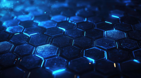 Abstract technology background featuring a network of blue hexagonal shapes, with futuristic lines and digital elements, creating a high-tech conceptの素材