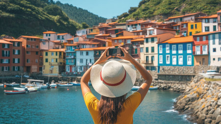 Brunette woman walking towards Cudillero, hat shading her from the sun, snapping pictures of the colorful fishing village, excitement on her faceの素材