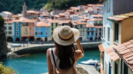 Brunette woman walking towards Cudillero, hat shading her from the sun, snapping pictures of the colorful fishing village, excitement on her faceの素材