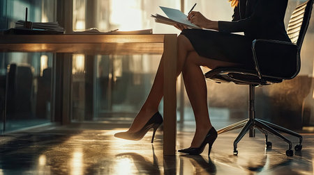 Businesswoman in high heels at a table in a professional office setting, preparing for a meeting with documents and a pen in hand.の素材