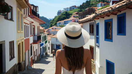 Brunette woman with a sun hat, strolling towards Cudillero, camera ready, capturing the charm of the fishing village, bright day, serene atmosphereの素材