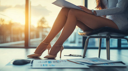 Businesswoman in high heels seated at a sleek office table, analyzing financial reports and graphs.の素材
