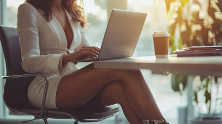 Businesswoman wearing elegant high heels, seated at an office table, typing on her laptop, with a coffee cup beside her.の素材