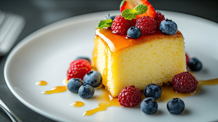 Butter vanilla cake with a smooth glaze, garnished with fresh berries, presented as a breakfast option. A delicious start to the morning.の素材