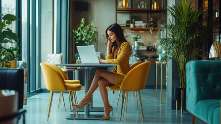 Businesswoman in stylish high heels, seated at a table in a modern office, engaged in a video conference on her laptop.の素材