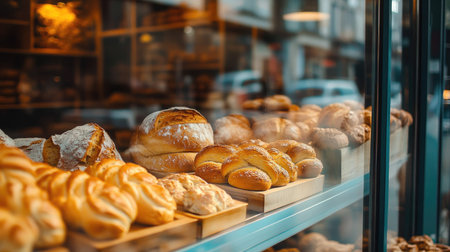 Close-up of a bakery glass window showcasing freshly baked bread, rolls, and cookies, with golden pastries arranged neatly to attract customers from outsideの素材