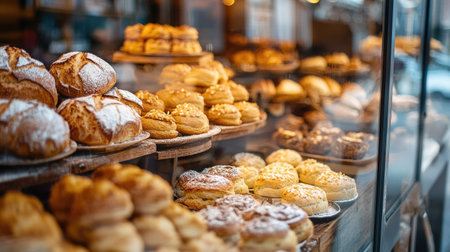 Close-up of a bakery glass window showcasing freshly baked bread, rolls, and cookies, with golden pastries arranged neatly to attract customers from outsideの素材
