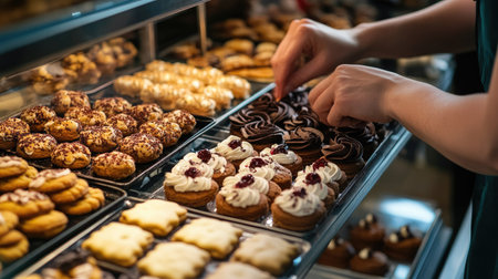 Close-up of a bakery workeraes hands arranging freshly baked cookies and sweets in a display case, showcasing the care and precision in her workの素材