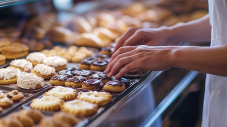 Close-up of a bakery workeraes hands arranging freshly baked cookies and sweets in a display case, showcasing the care and precision in her workの素材