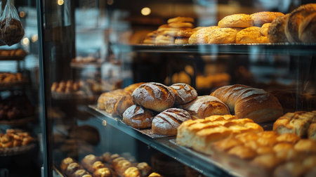 Close-up of a bakery's glass window display from outside, featuring freshly baked bread, rolls, and cookies, with each item arranged to catch the eye of passersbyの素材
