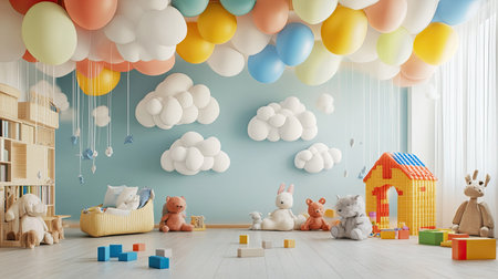 Charming children's playroom filled with balloons of various colors, paper clouds hanging from above, and a collection of stuffed animals and building blocks scattered around.の素材