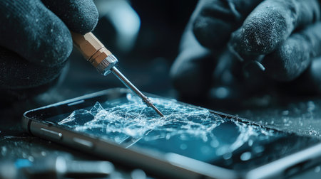 Close-up of a cracked phone screen being removed with specialized tools, showing the careful process of mobile phone repairの素材