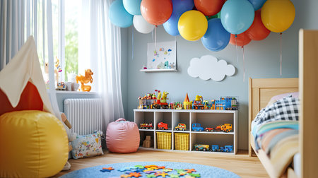 Children's bedroom with a festive feel, featuring colorful balloons, fluffy paper clouds, and a neatly organized toy shelf with puzzles and action figures.の素材