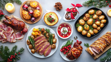 Christmas dinner table with a variety of roasted meats, herb potatoes, appetizers, and festive desserts, on a grey background with holiday decorationsの素材
