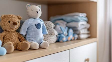 Clean and modern sideboard in a children's room, showcasing baby clothes and toys arranged neatly, creating a welcoming space.の素材