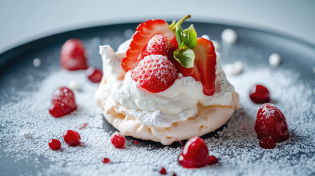 Close-up of a single portion of Pavlova dessert with crispy meringue, mascarpone topping, and juicy strawberries on a white surfaceの素材