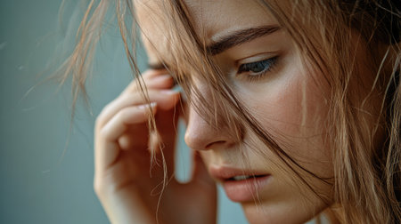 Close-up of a woman examining loose hair in her hand, hair loss concept, focus on the strands and her worried expression, emphasizing the issueの素材