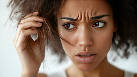 Close-up of a woman holding loose hair, examining it closely, hair loss concept, focus on the strands in her hand and her worried expressionの素材