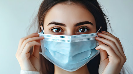 Close-up of a woman gently taking off her medical mask, portrait on a white background, focus on her face, expression of calm and reliefの素材