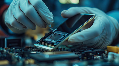 Close-up of a technician's hands inserting a new battery into a smartphone, with focus on the precise process of mobile phone repairの素材