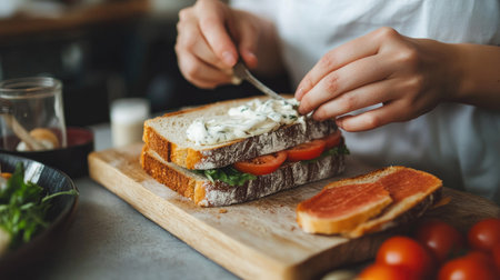 Close-up of a sandwich being made with mayonnaise by a woman at a grey table, focus on the bread.の素材