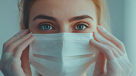 Close-up of a woman gently taking off her medical mask, portrait on a white background, focus on her face, expression of calm and reliefの素材