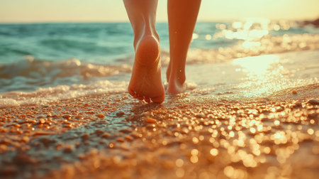 Close-up of a young womanaes bare feet, walking along the shoreline, front view, warm sand underfoot, sunny summer day, restful and serene atmosphereの素材