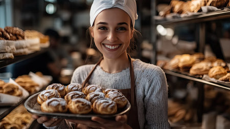 Close-up of a smiling female baker in a bakery shop, holding a tray of warm pastries, her expression radiating pride and passion for bakingの素材