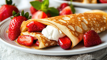 Close-up of crepes filled with sour cream and fresh strawberries, neatly rolled and served on a white plate, ready for a delicious breakfastの素材