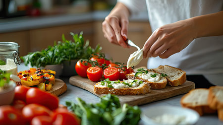Close-up of a womanaes hand spreading mayonnaise on bread at a grey table with fresh produce.の素材